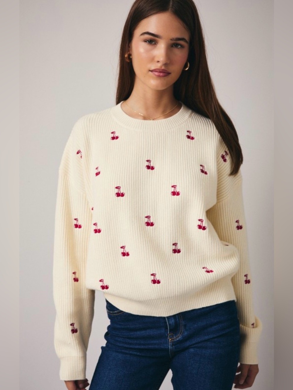 210 Gilli Cream Crewneck Sweater with Red Cherry Embroidery